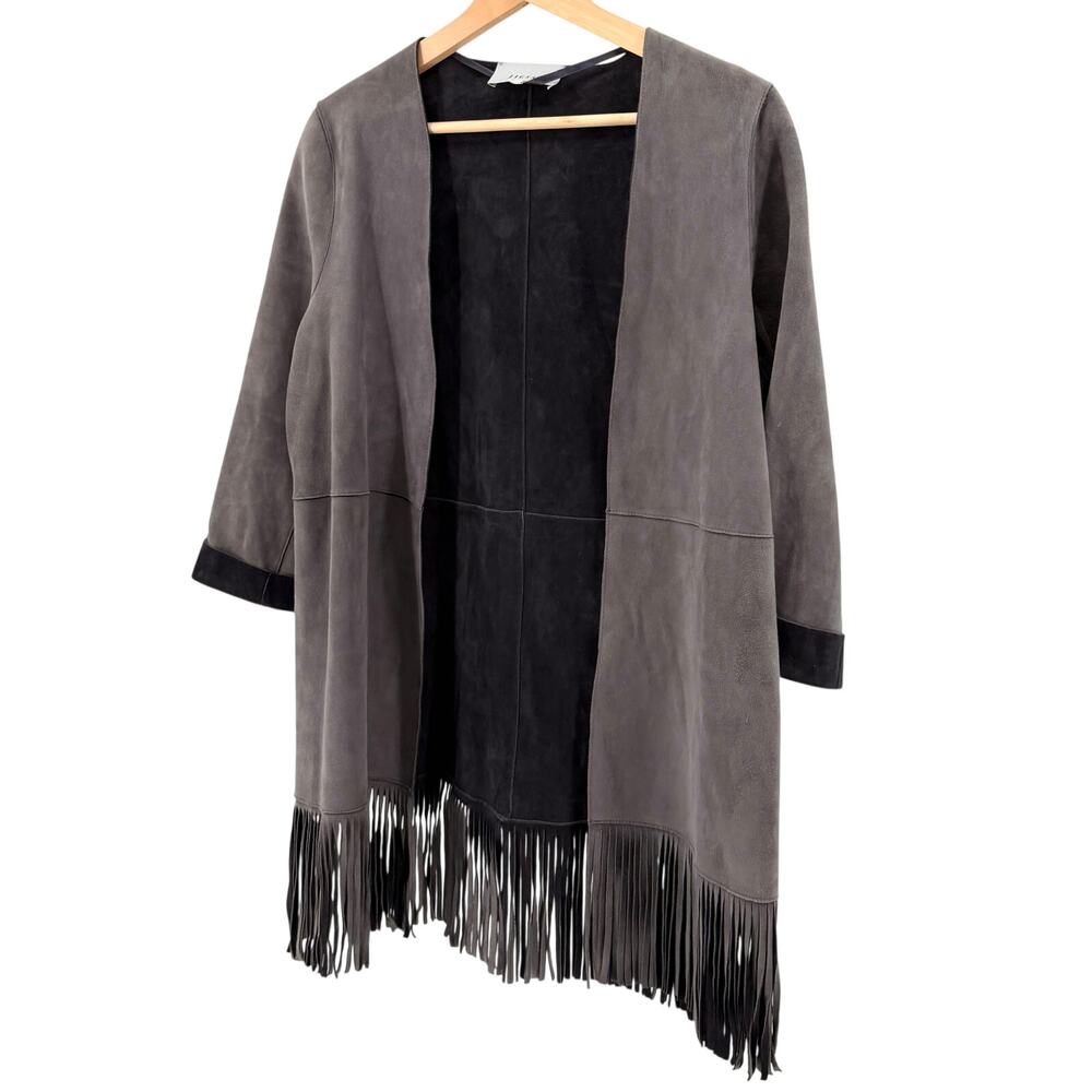 Jigsaw Gray Dark Charcoal Reversible Genuine Suede Fringe Jacket